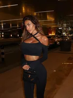 Ahagaga Fashion Sexy Sheath Women's Suits Sets Solid Hollow Out Slim Fit Tracksuits Long Sleeves Slash Neck 2Pcs(Tops+Pants) - Image 2