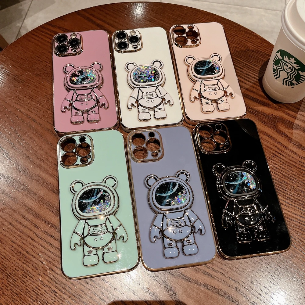 Custodia per staffa con piega orso sabbie mobili astronauta per iPhone 15 14 promax Plus 13 12 11 Pro Max XR Xs Max Cover morbida in Silicone natalizio