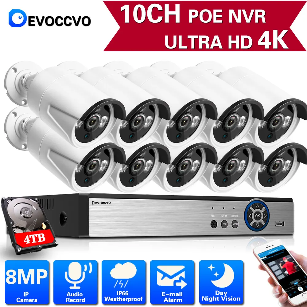 

Комплект видеонаблюдения Devoccvo H.265 8 Мп SONY, 10CH POE NVR 3840*2160 4K
