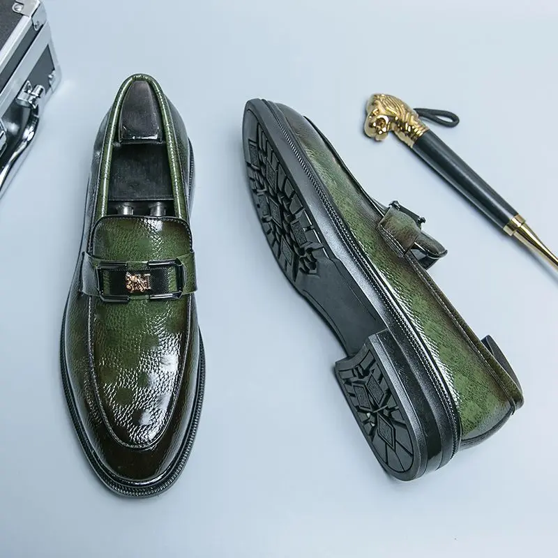

Luxury Loafers Men Dress Shoes Green Geometric Prints Fashion Wedding Party PU Leather Designer Shoes Men Original Size 45 B321