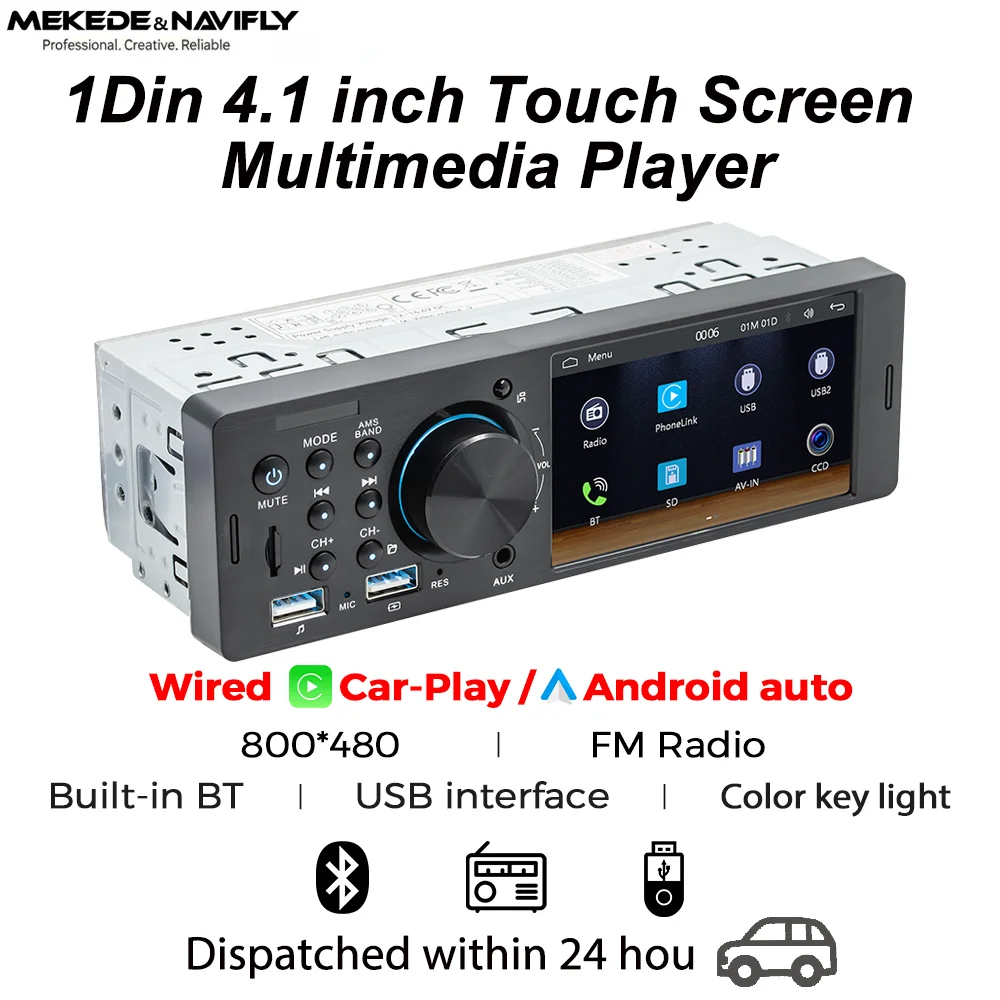 MEKEDE & NAVIFLY 1 Din inalámbrico CarPlay HD pantalla táctil Universal 4,1 "Radio de coche FM estéreo MP5 reproductor multimedia BT TF puerto cámara 1