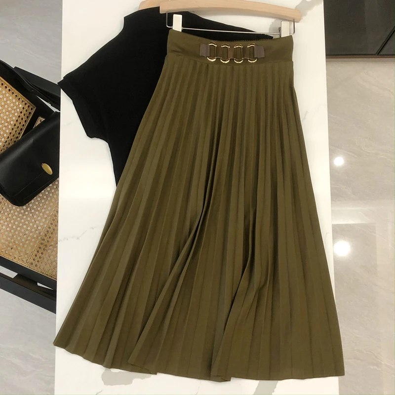 

Summer Pleated Skirts Women Metal Buckle Solid Color A Line Long Skirt High Waist Elegant Fashion Office Lady Midi Skirt