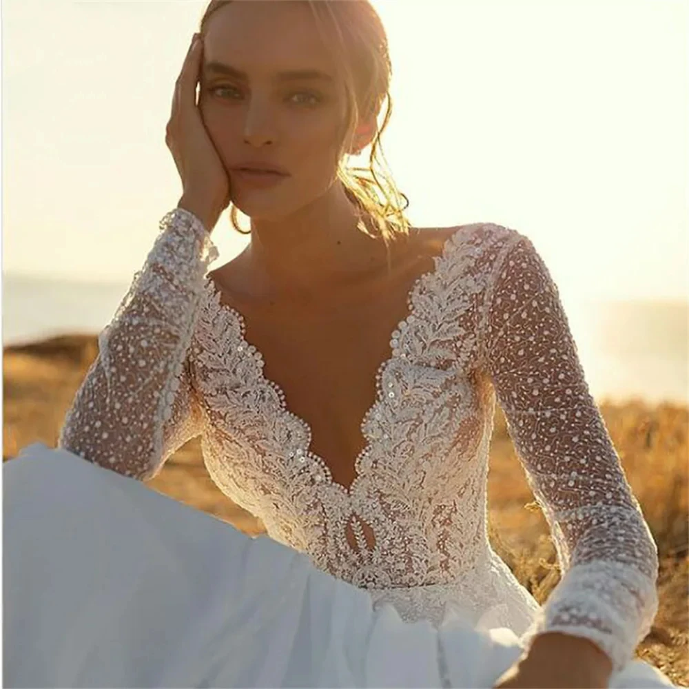 

Elegant A-line tulle applique with sequins sexy deep V-neck halter long sleeve snow romantic wedding bridal dress for women