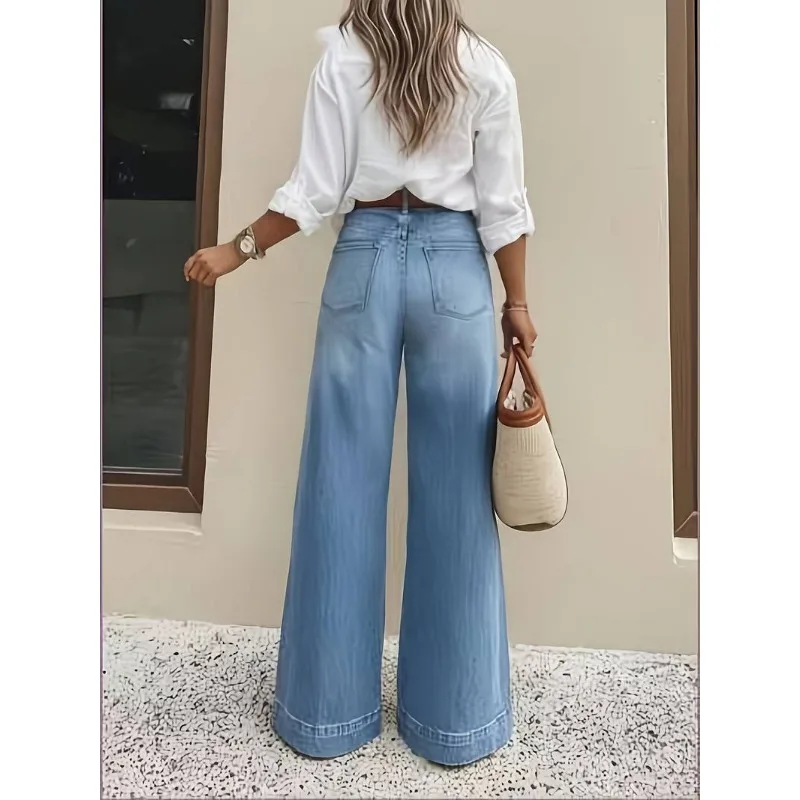Jean large taille haute décontracté pour femme, style urbain bleu, coupe ample, en denim élastique, confortable, effet délavé 2026