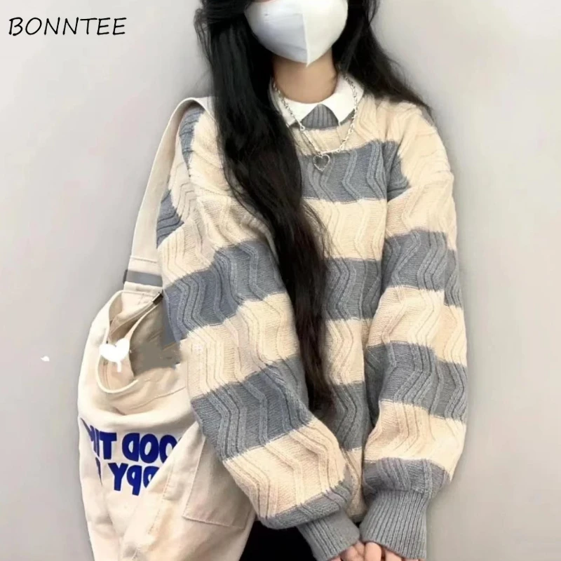 

Пуловеры с круглым вырезом, женские полосатые милые свободные Простые повседневные вязаные осенние свитеры в стиле преппи, корейские топы для студенток и девушек
