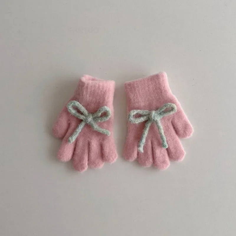 New Winter Cute Solid Color Bow Children Warm Gloves Girls Five Finger Gloves Korean Fashion Windproof Student Cycling Mittens 4