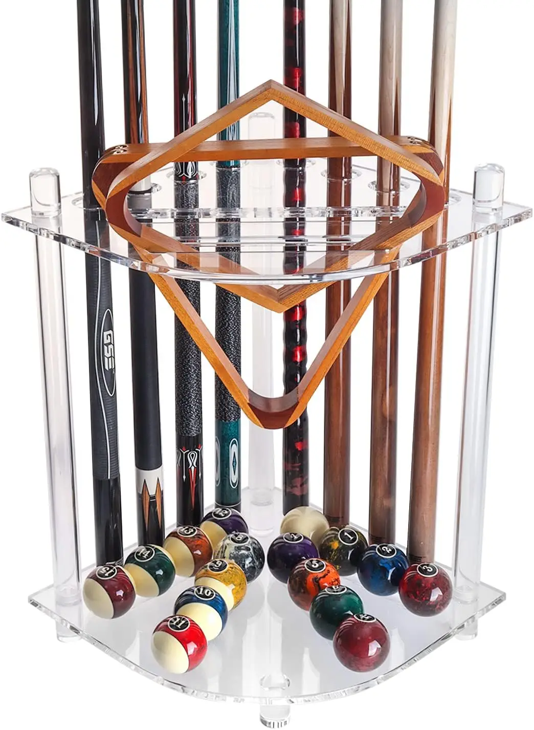 

Premium Acrylic Corner-Style Floor Stand Billiard Pool Cue , Holds 8 Pool Cue Stick, 2 Pool Ball Racks and Full Set of Pool Ball