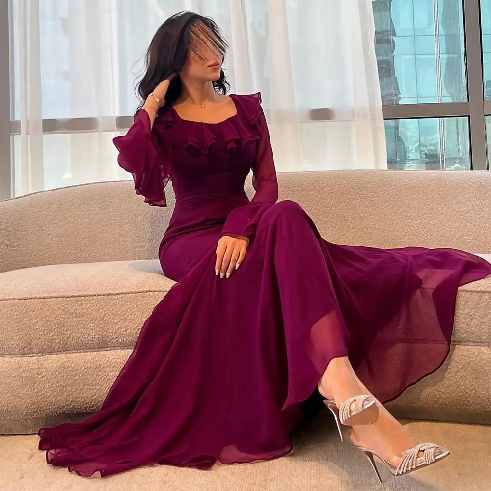 

A-line Illusion Long Sleeve Ruffles Prom Gown Square Neck Solid Color Charming Celebrity Banquet Dress Evening Dresses