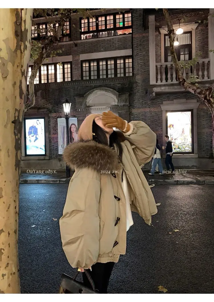 YYAHAHAS 2025 Winter New Cow Horn Button Thick Cotton Coat Retro American Warm Fur Collar Hooded Jacket Female Clothing