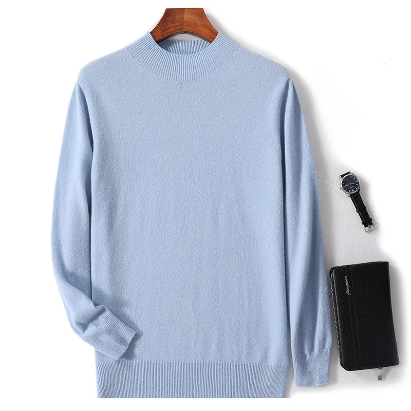 Men's Sweater Spring Autumn New 100% Merino Wool Knitted Pullover Half High Neck Solid Color Basic Tops 2