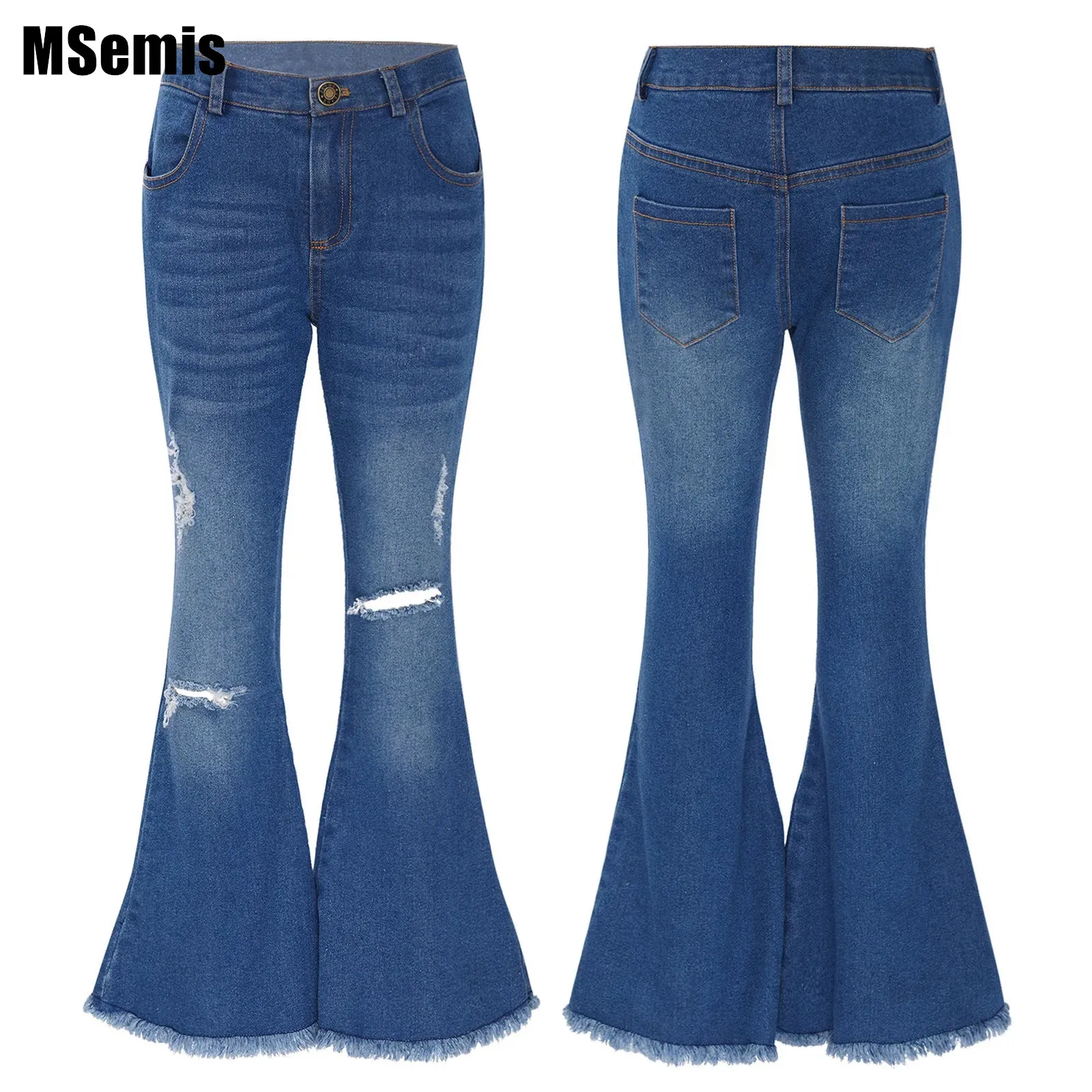 

Kids Girls Ripped Jeans Long Bell-bottom Het Denim Pants Zipper Closure Stylish Clothing