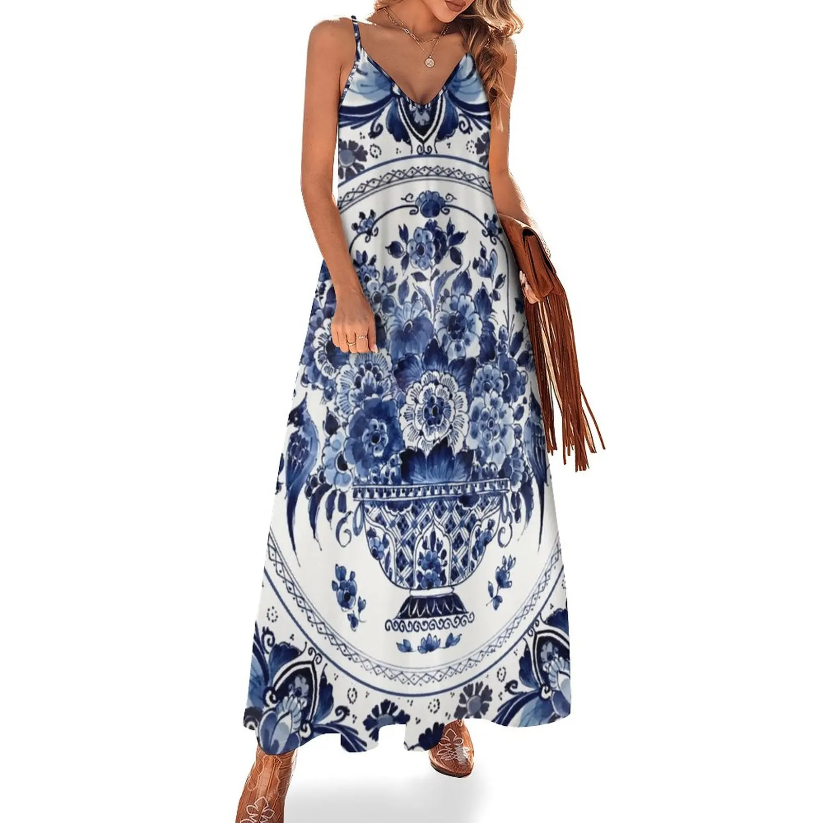 

New Royal Delft Blue Flower Basket Sleeveless Dress luxury woman party dress dress summer luxury evening dresses for women 2023