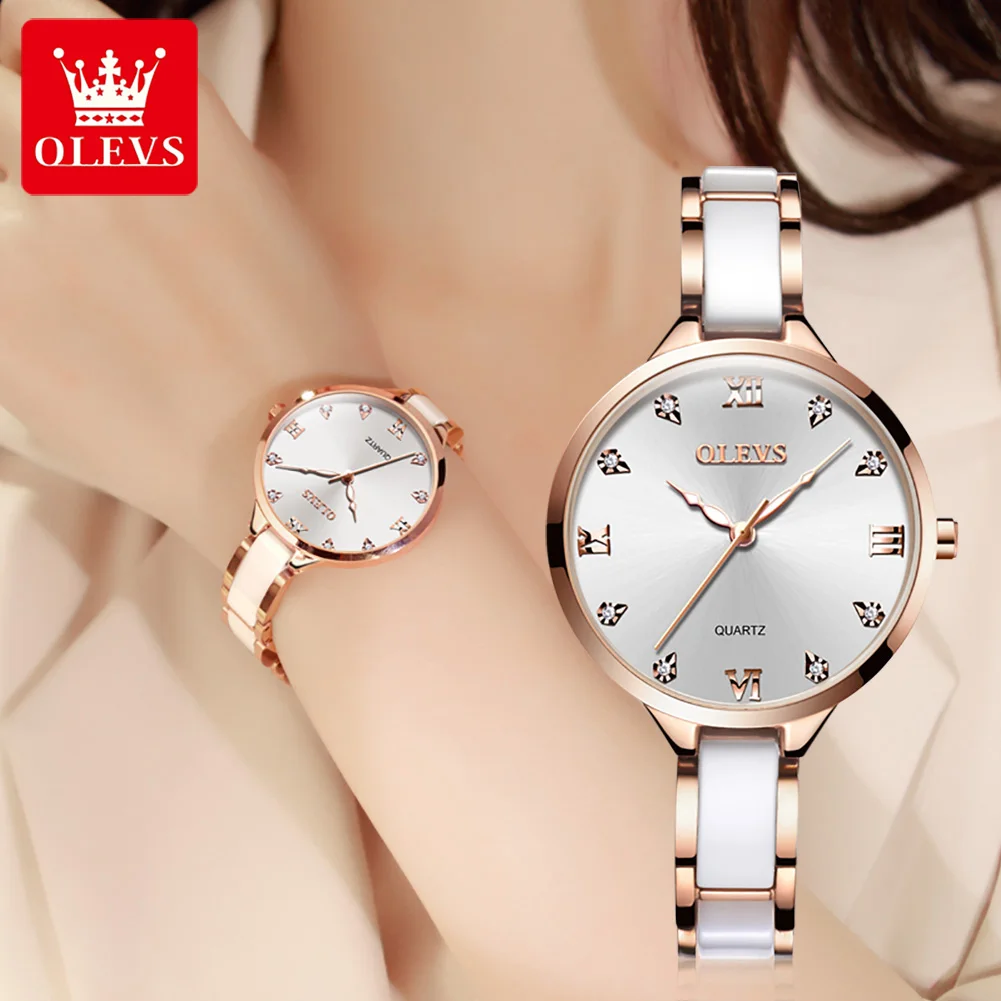 OLEVS 5872 Elegant Women Watches Luxury Stainless Steel White Ceramics Strap Waterproof Fashion Ladies Quartz Wristwatches Clock