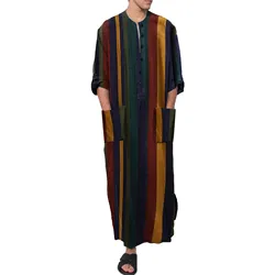 Men Muslim Jubba Thobe Patchwork Striped V Neck Long Sleeve Caftan Dubai Robe Vintage Islamic Arabic Men Kaftan Muslim Robes