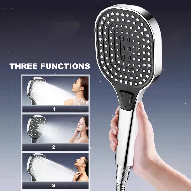 

3 Modes Thickness Big Shower Head Black Square Portable Showerhead Rain High Pressure Rainfall Set Bathroom Faucet Accessories