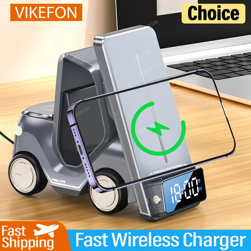 VIKEFON 5 in 1 무선 충전기 폰 스탠드, 아이폰 15, 14, 15W 고속 충..