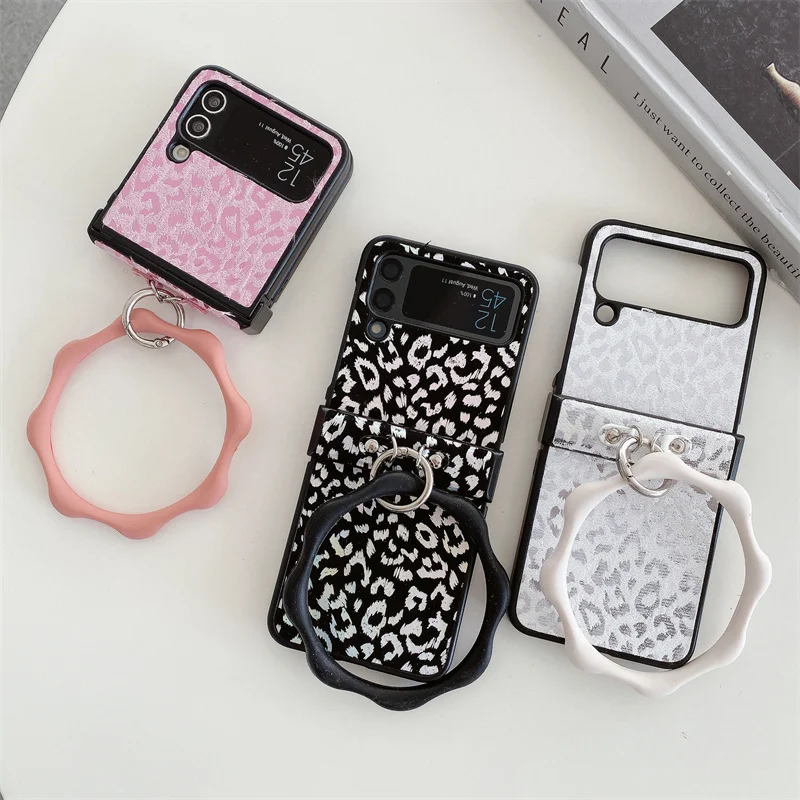 Per Samsung Galaxy Z Flip 4 5G Z Flip 3 Leopard Print Soft Silicone Shell Hand Ring Strap Custodia Per Telefono Anti-Caduta In Pelle Pu Zflip4