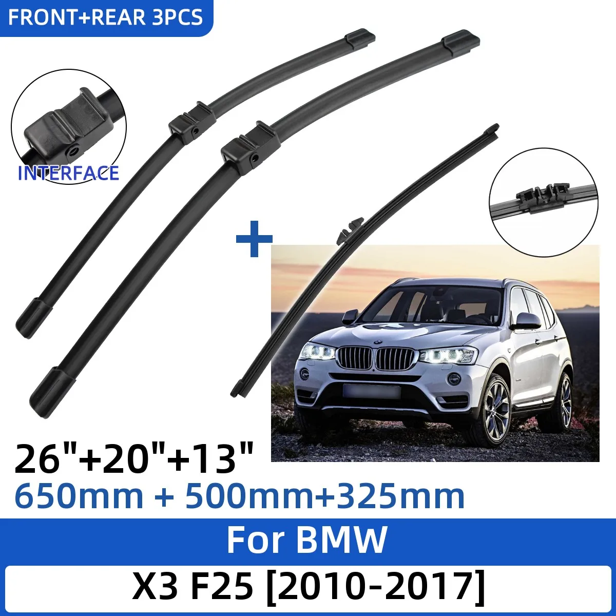 

3PCS For BMW X3 F25 2010-2017 26"+20"+13" Front Rear Wiper Blades Windshield Windscreen Window Cutter Accessories 2015 2016 2017