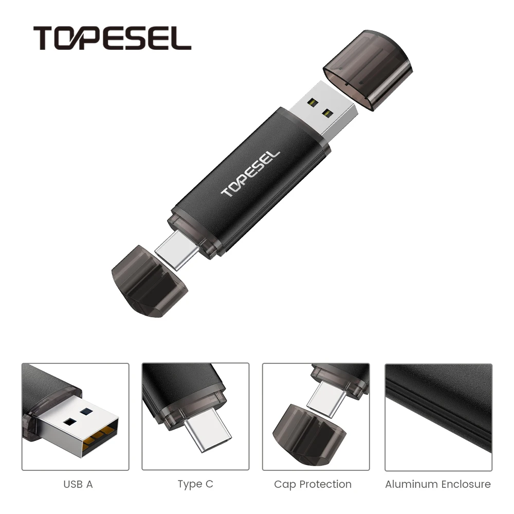 TOPESEL USB 2.0 유형 C USB 플래시 드라이브 OTG 펜 드라이브 64GB 32GB 16GB USB 스틱, 2 in 1 고속 펜 드라이브