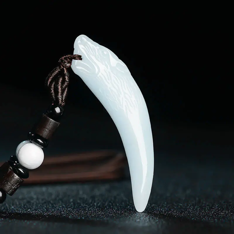 Natural Green Handmade Double-sided Carved Wolf Tooth Jade Pendant Fashion Boutique Jewelry Men and Women Necklace Accessories