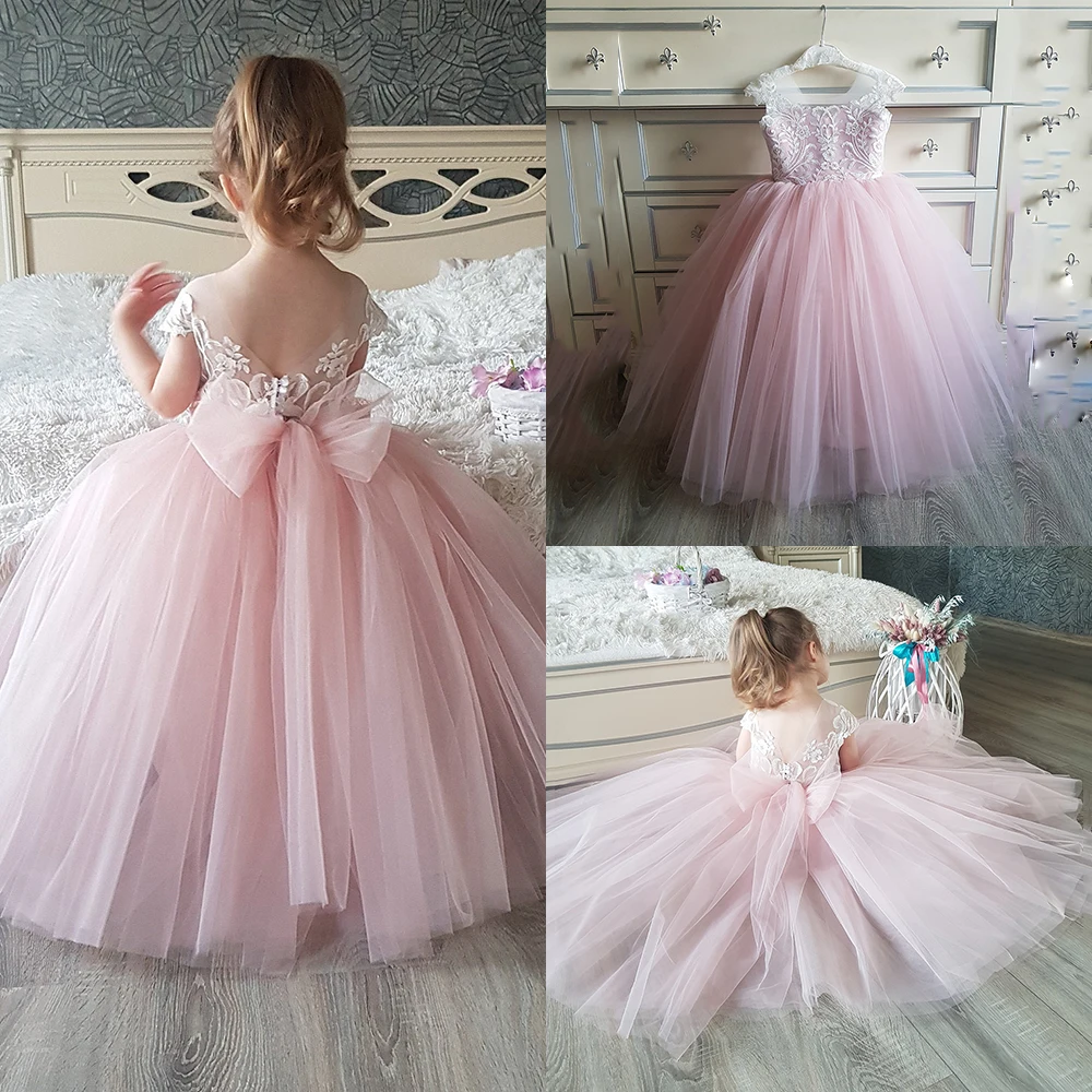 Light-Pink-Flower-Girl-Dress-For-Wedding-V-back-Tulle-Lace-Applique ...