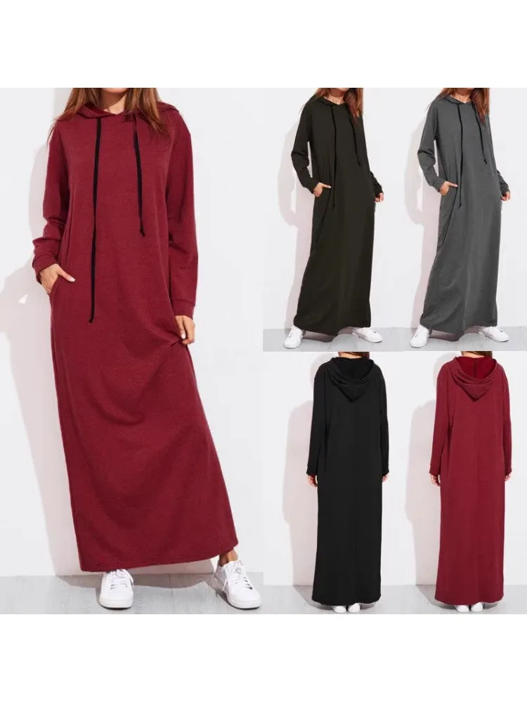

S-2XL Women Maxi Dress Autumn Fashion Vintage Hooded Sweatshirt Winter Long Sleeve Hoodies Vestido Robe Femme