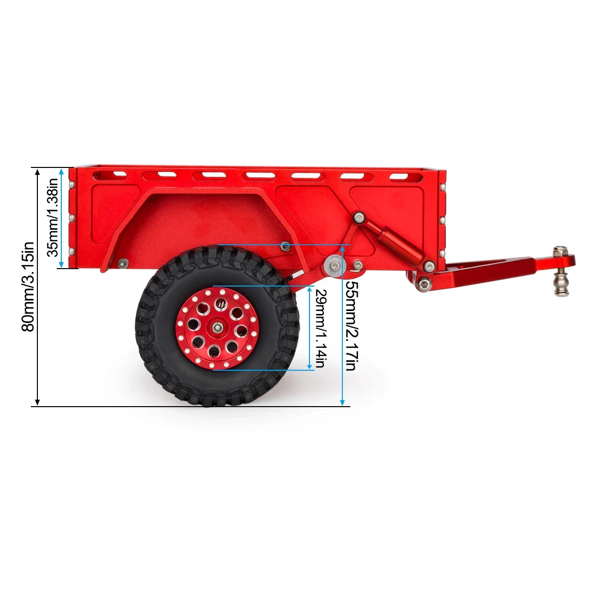 Détail de l'attelage de la remorque RC tout-terrain 1/18 en aluminium usiné CNC, compatible TRX4M SCX24.