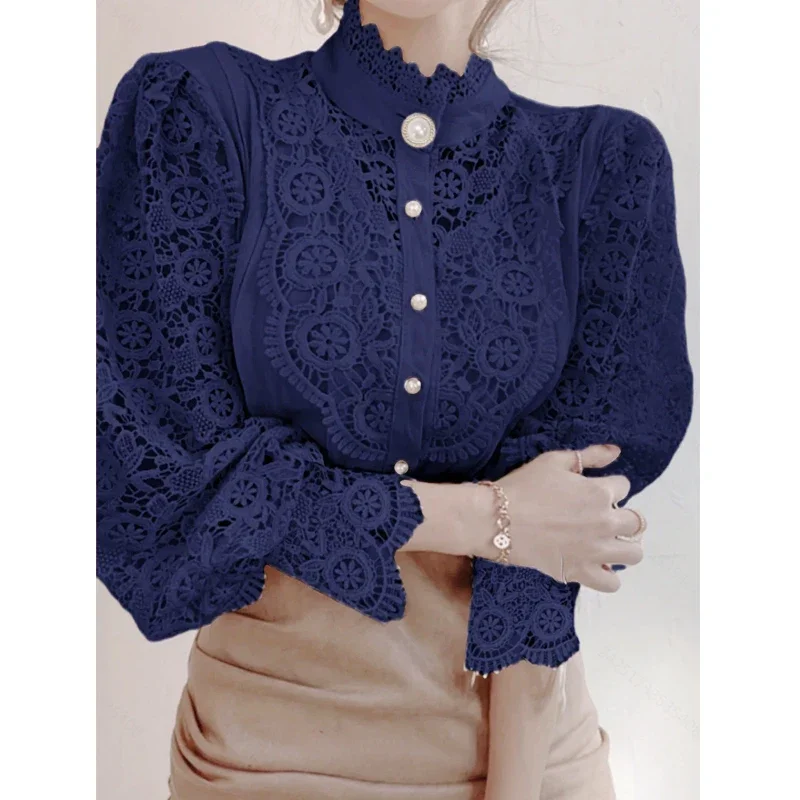 New Women's Long Sleeve High Neck Chic Blouse, Lace Paneled Hollow Sleeve Elegant Top, Vintage Fashion Office Lady Outfits