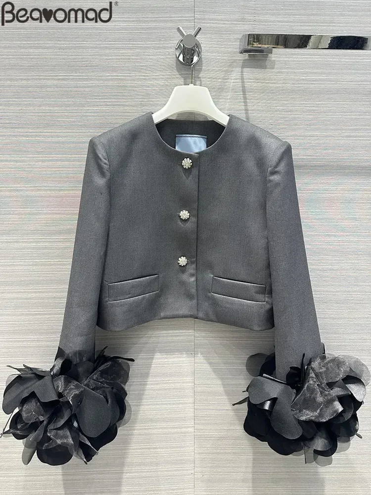 

Svoryxiu Fashion Runway Autumn Grey Straight Barrel Jacket Women's O-Neck Solid Color Fake Pocket Flounces Long Sleeve Jacket