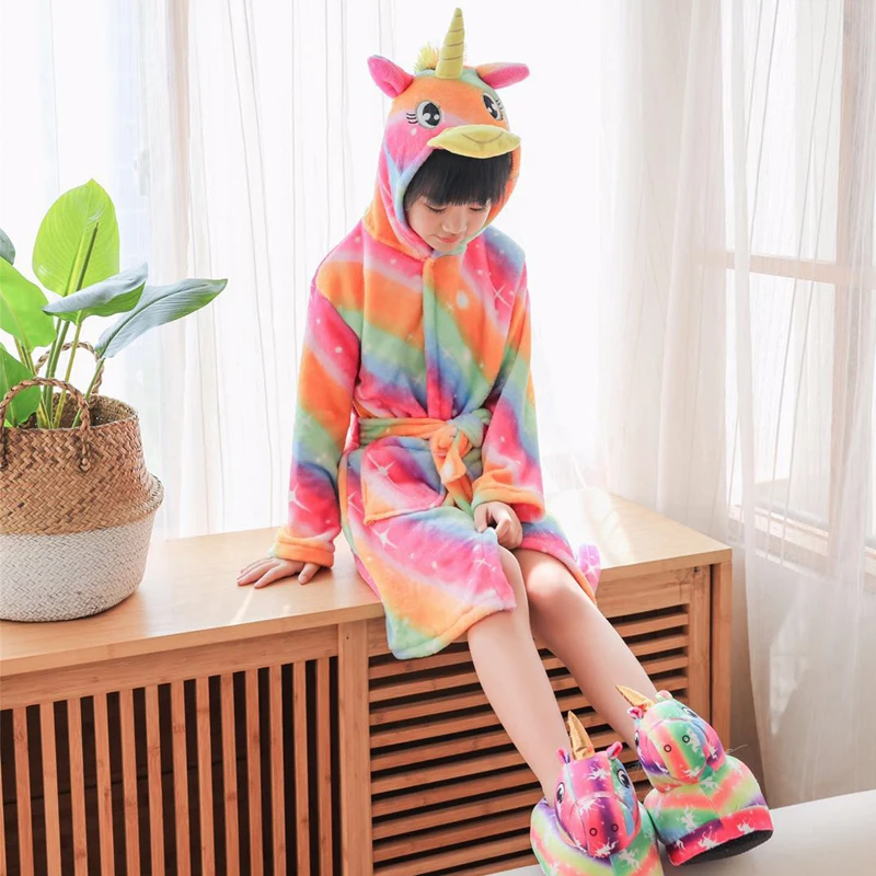 Kids Colar Fleece Unicorn Hooded Bathrobe Children's Dressing Gown Bath Robe Kugurumi Animal Sleepwear For Girls Boys Pyjamas
