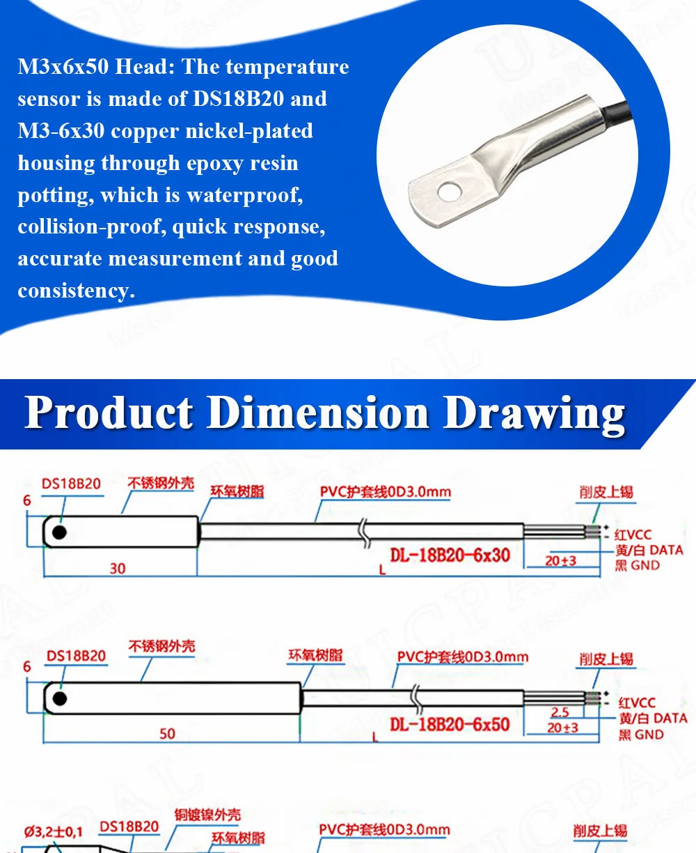 DS18B20 Temperatursensorsonde, 304 Edelstahl, 6 x 30 mm Außendurchmesser, 3,0 mm, wasserdicht, staubdicht, Sensorkabel, 1 m Länge – Detail 6