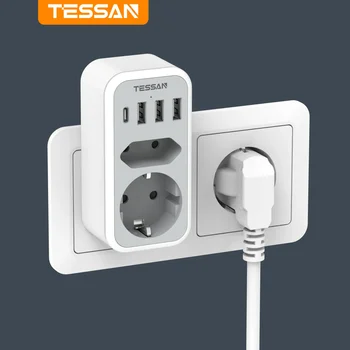 TESSAN EU Wall Socket Adapter Extender with 2 AC Sockets 3 USB A Ports and 1 Type C Plug Multi-functional Wall Socket for Home