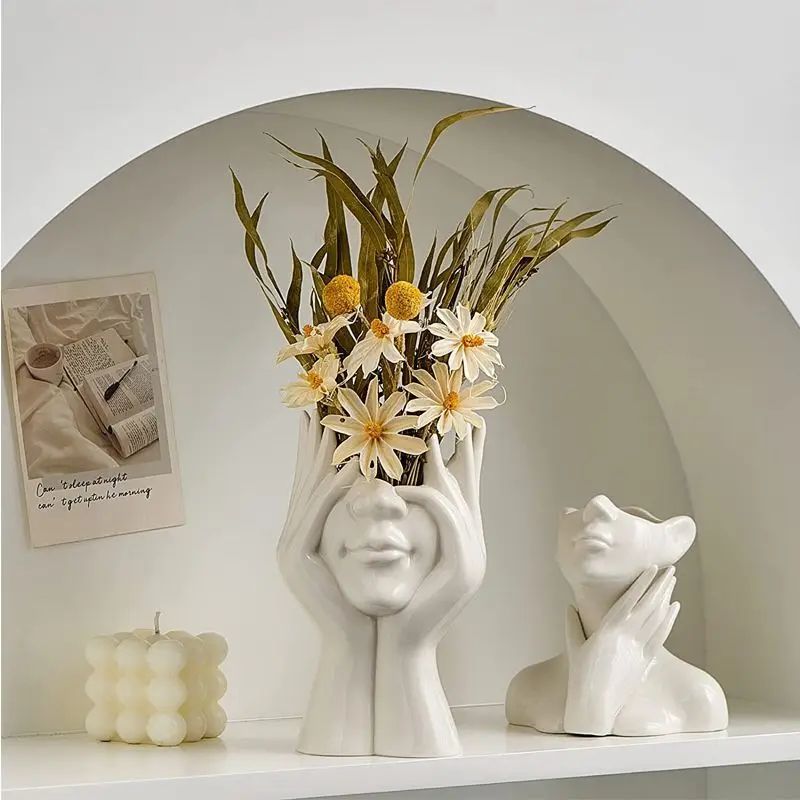 Nordic Abstract Face Makeup Brush Holder Organizer Plastic Cosmetic Brush Cup Pen Holder Flower Vase for Vanity Desk Home Decor 5