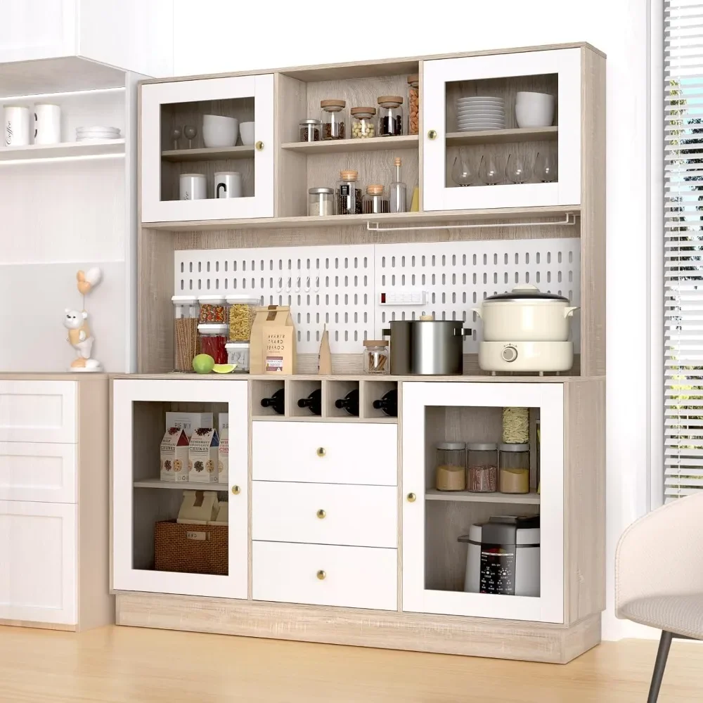 Kitchen Hutch Cabinet, Pantry Cabinet, Power Outlet,Freestanding Buffet Hutch with Pegboard, Cup Holder,  4 Doors & 3 Drawers 2