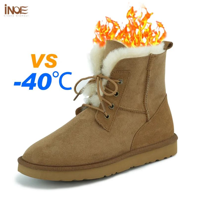 

INOE fashion real sheepskin suede leather wool fur lined women ankle winter snow boots for ladies lace up casual winter shoes