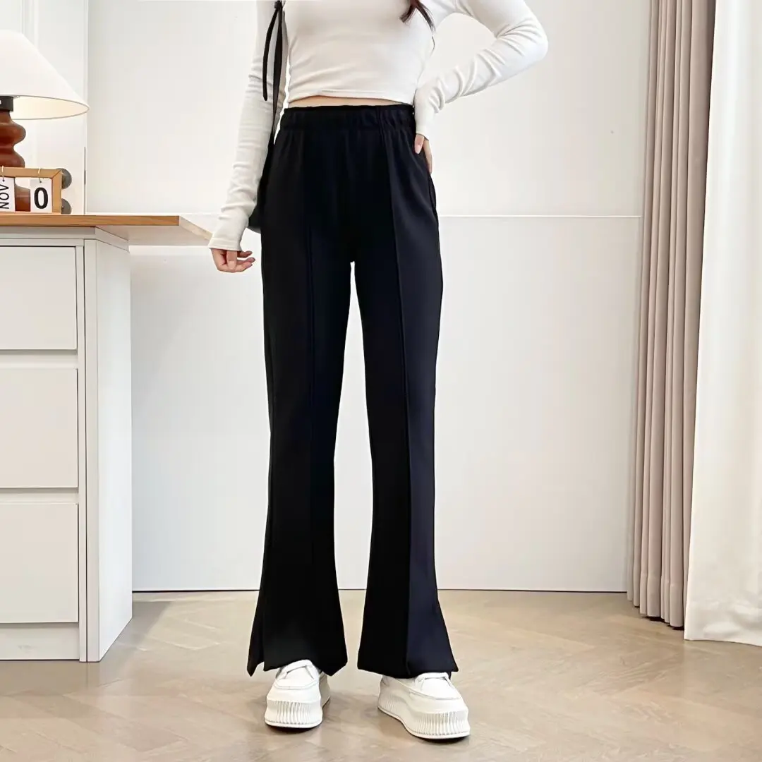 XXXXL Fashion Plus Size Women's Flared Pants 2025 Autumn Winter Casual Slim Thin Fleece Slit Leg Opening High Waist Trousers