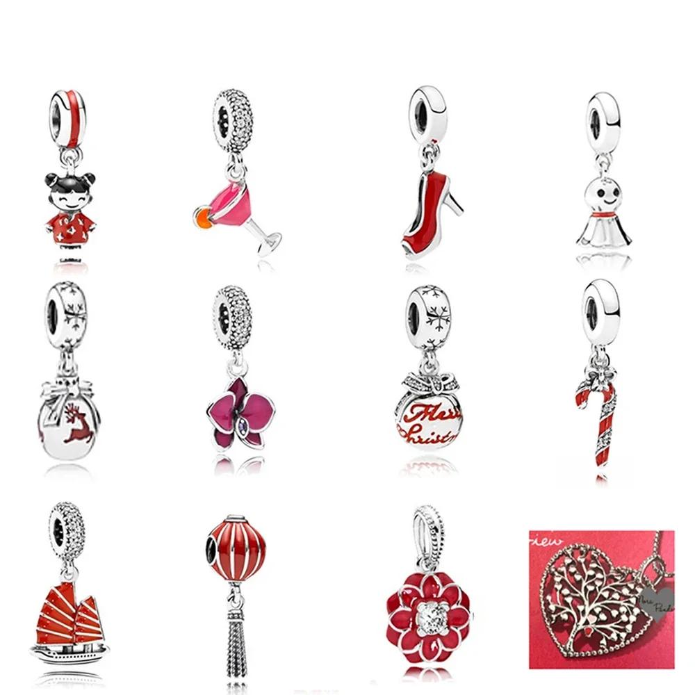 

100% 925 Sterling Silver 1:1 Love Pendant Tree, Candy Cane And Red Enamel High Heels Original Female Wedding Fashion Jewelry