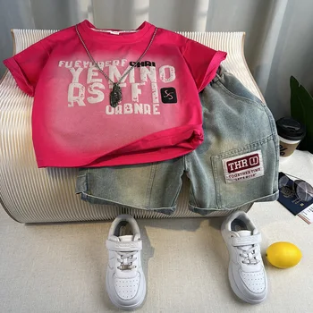 Summer Children Boys Two-piece Suit New Letter Printed Top+loose Elastic Waist Denim Shorts Young Boys Sets Thin Kids Boys Sets 1