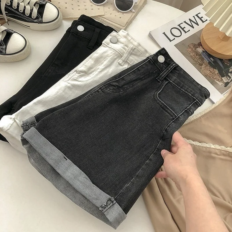 

Denim Shorts for Women Summer High Waist Wide Leg A-Line Fashion Cuffs Slim Versatile Hot Pants Harajuku Teens Jean Durikies