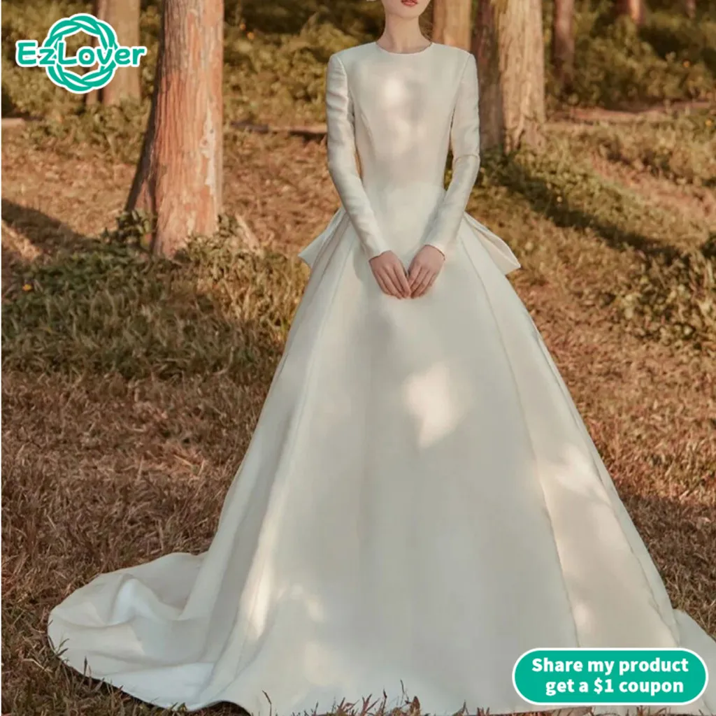 

Charming Muslim Wedding Dresses A Line O Neck Long Sleeves Arabic Islamic Brial Gowns Simple Style Vestido De Noiva