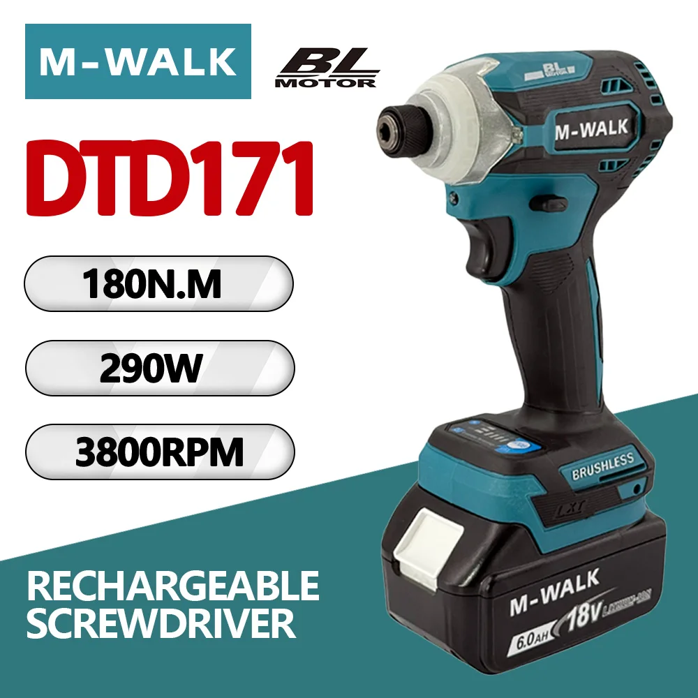 M-WALK DTD171 Brushless Motor Impact Driver Rechargable Drill Cordless Electric Screwdriver Power Tool For Makita 18V Battery