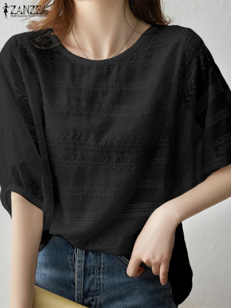 

2023 ZANZEA Fashion Short Sleeve Blouse Woman Lace Patchwork Shirt Summer Elegant Holiday Chmeise Femme Casual Loose Tunic Tops