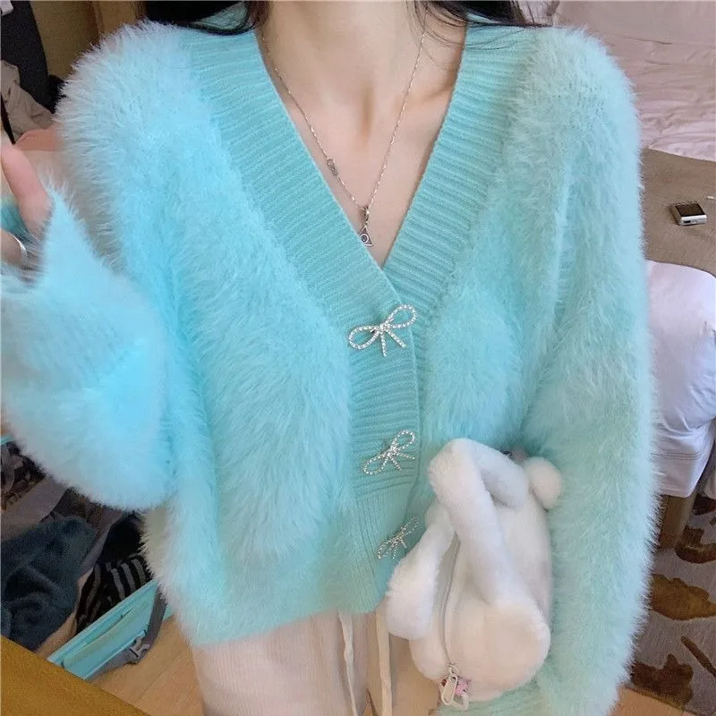 여성용 한국 모조 밍크 니트 크롭 상의, 부드러운 카디건, 활 하이 퀄리티 핑크 스웨터, 캐주얼 니트웨어 코트, 용수철 가을 