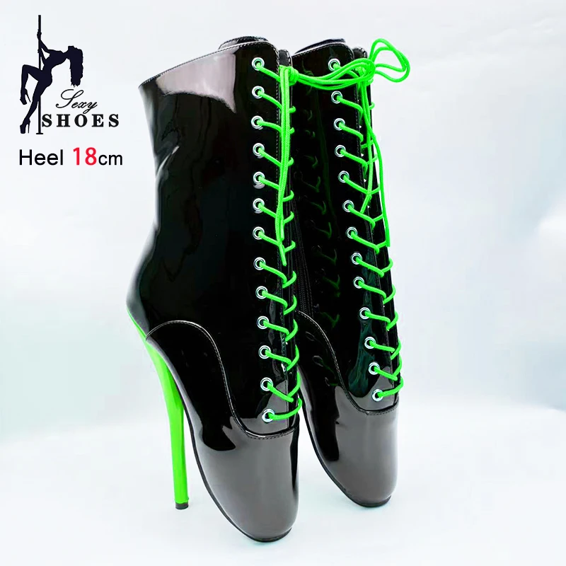 18CM/7'' Ballet Boots Extreme Stiletto High Heel Black Sexy Fetish Ballet Shoes Plus Size 46 Women Lace Up Short Booties Mujer