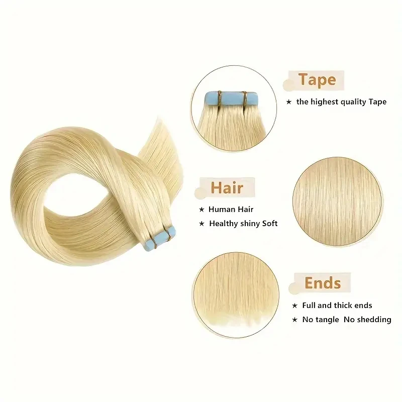 Tape In Hair Extensions Straight 100% Real Human Hair Seamless Skin Weft Tape Extensions Natural Black #613 #60 Blonde