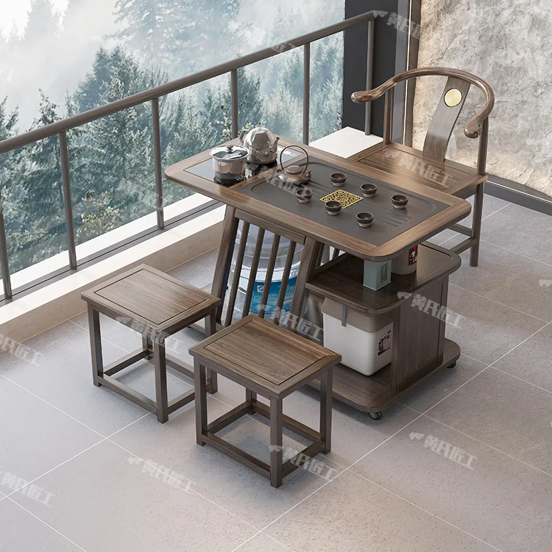 thumbnail image 1 of Mesa de té de balcón de madera maciza, mesa de té pequeña para el hogar, combinación de sillas, tetera hirviendo, una pieza, dos personas bebiendo té t, 1 of 5