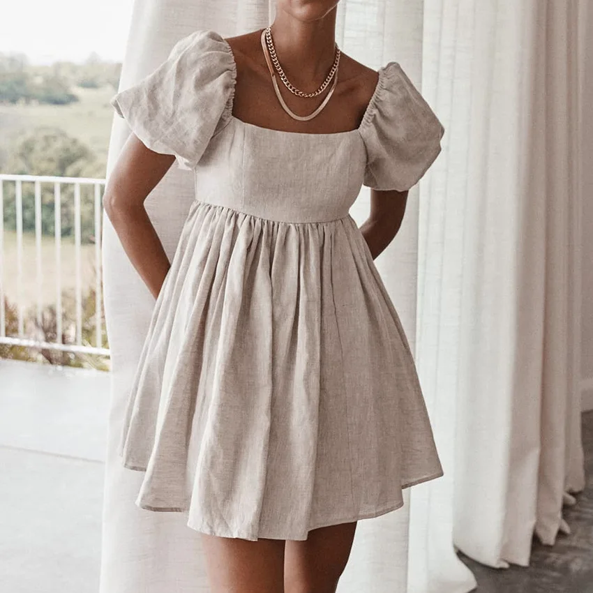 

Casual Loose Short Dress Summer Women Puff Sleeve A Line Dresses High Waist Square Collar Linen Ladies Dress Khaki 2022