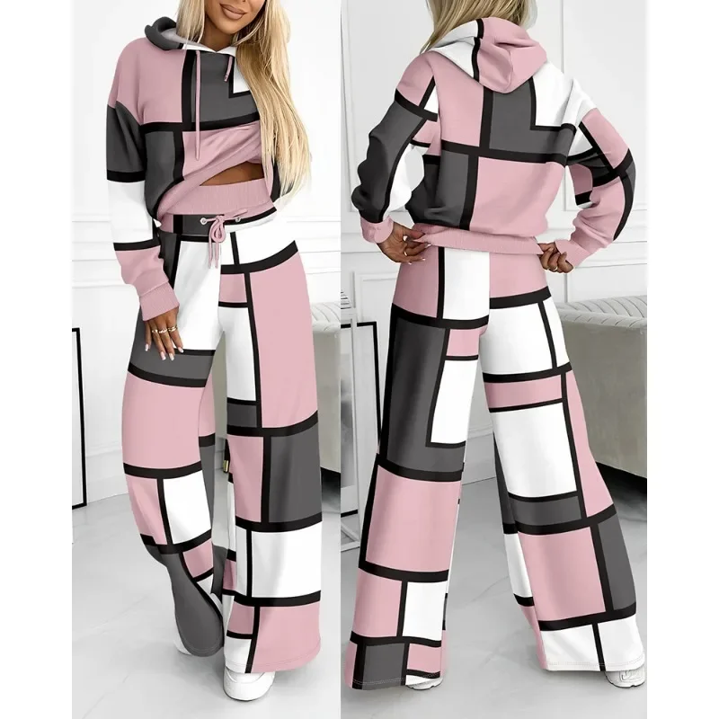 2024 Spring Autumn New Loose Sports Suit Women Long Sleeve Hooded Sweatshirt Drawstring High Waist Pocket Wide Leg Pants Suit 6