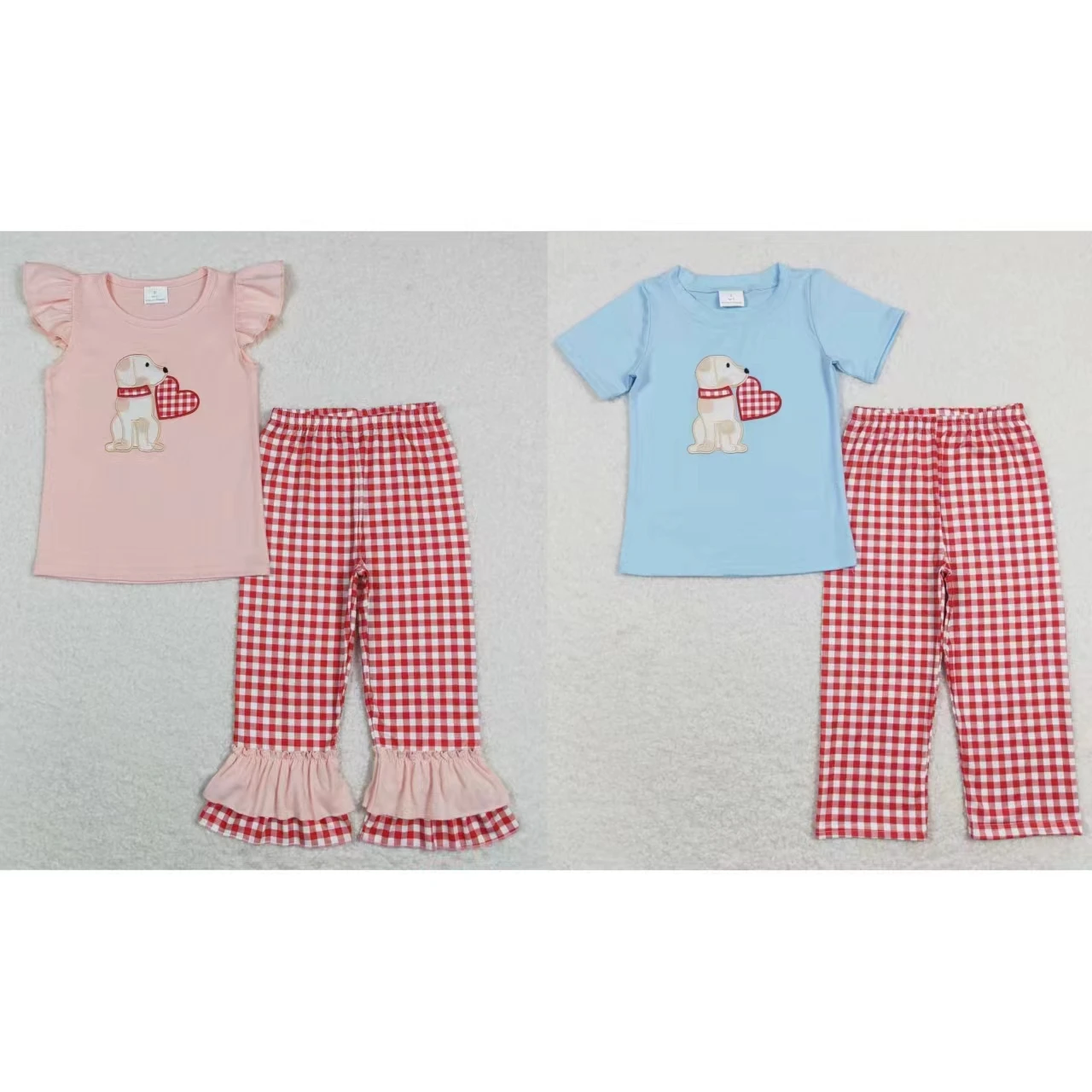 

Children Toddler Embroidery Hearts Shirt Baby Boy Girl Plaid Pants Set Pajamas Infant Kids Valentine's Day Sleepwear Outfit