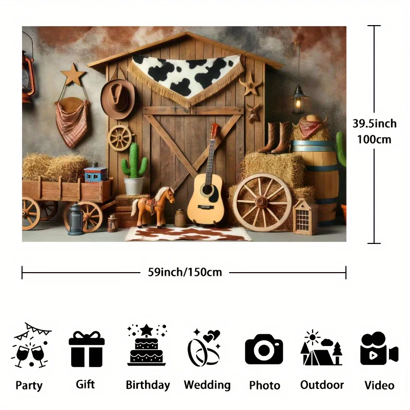 Hintergrund einer ländlichen westlichen Bauernhofparty, ausgestattet mit Heuhaufen und Wagenrädern, geeignet für Geburtstage und Einweihungsparty – Detail 5